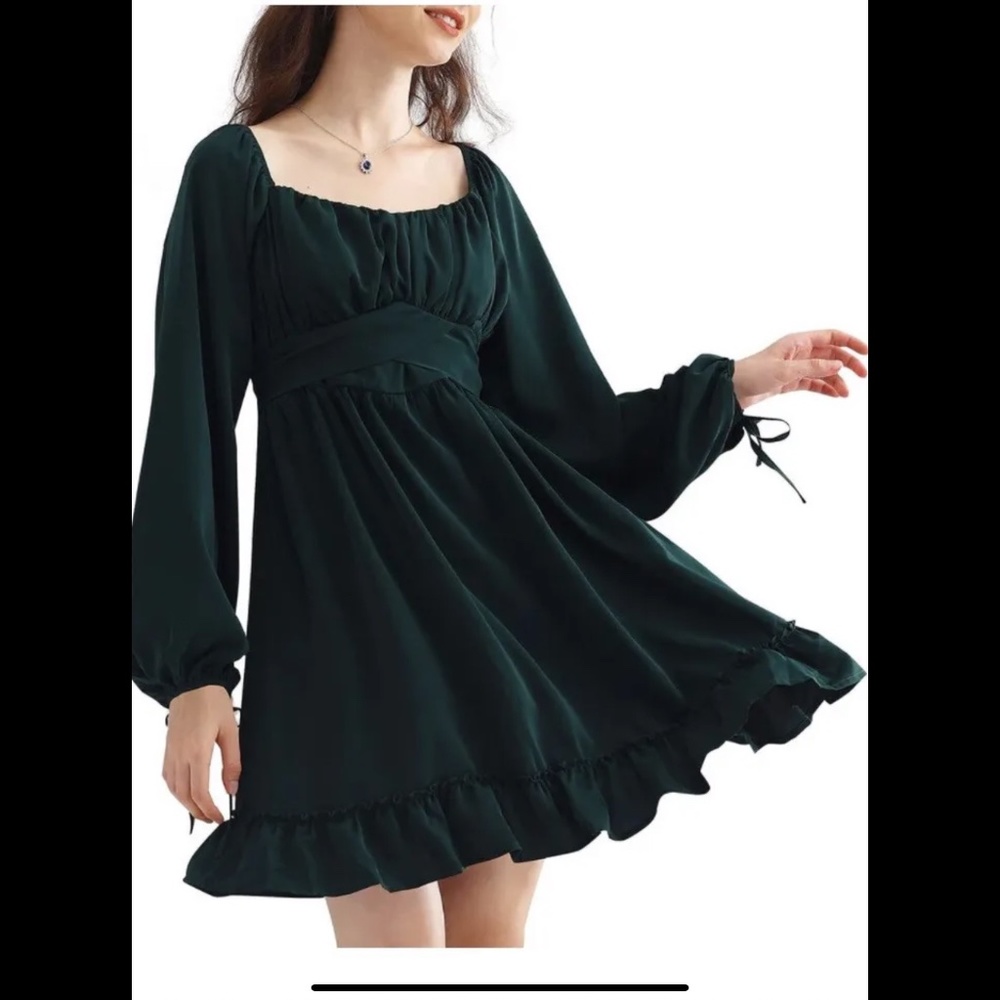 Women’s Mini Dress Square Neck Lantern Long Sleeve A-line Elastic Waist Ruffle M